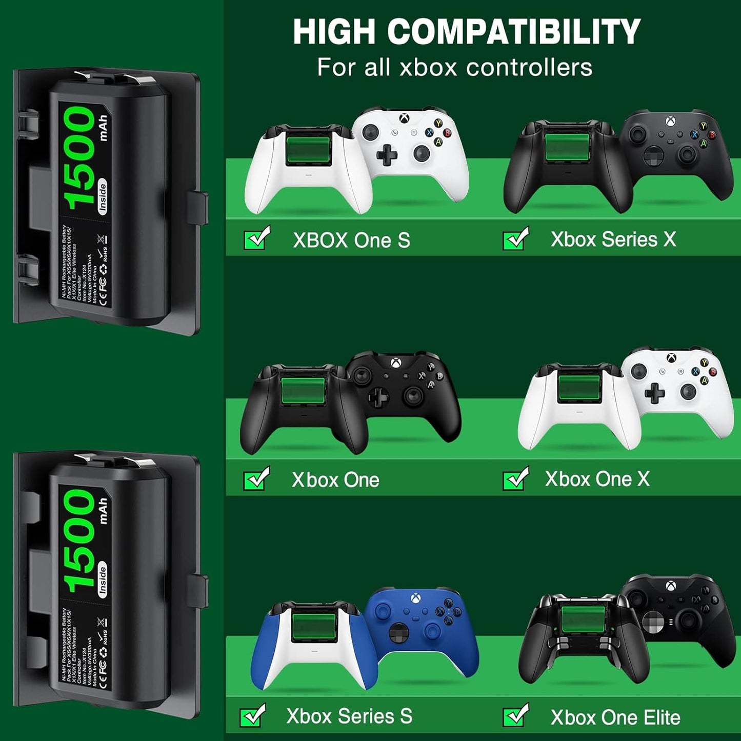 Rechargeable Controller Battery Pack 2X1500Mah Xbox Battery Pack & 4 Battery Covers, Xbox One Controller Battery Pack with 9.84Ft Type-C Cable for Xbox One S/X/Elite