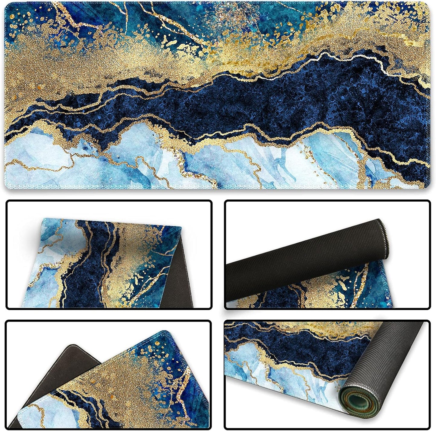 Extended Gaming Mouse Pad XXL Large Keyboard Mat Long Mousepad Desk Decor Writing Pad Non Slip Rubber Base Stitched Edges for Work, Game, Office, Home, 35.1" X 15.7", Blue Marble