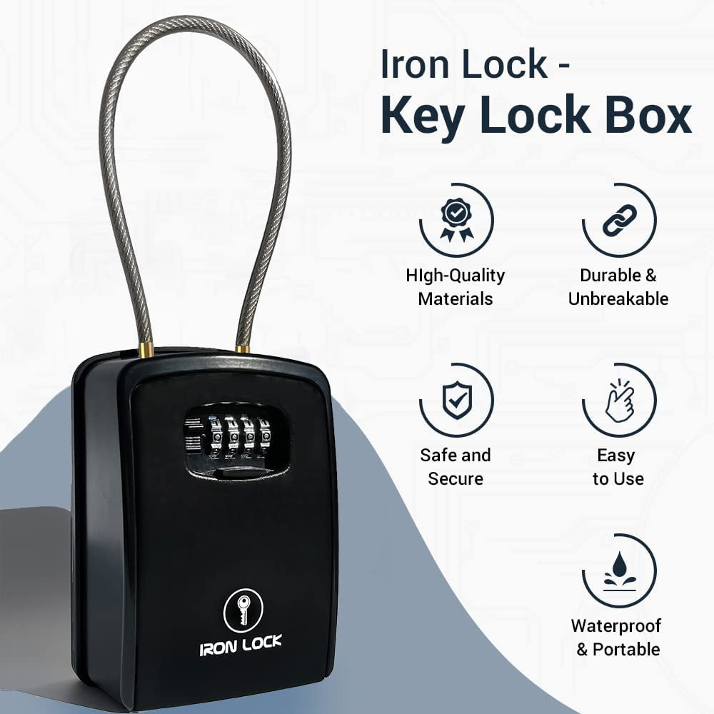 ® XXL Portable Key Lock Box and Wall Mounted with Removable Cable Shackle Waterproof Indoor Outdoor 4 Digit Combo Resettable Code with a B Switch Extra Large Key Lockbox outside (XXL, Black)