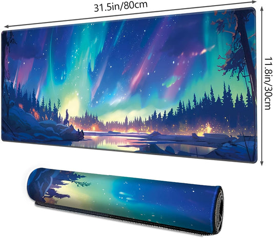 Gaming Mouse Pad XXL XL Large Long Extended Big Mousepad Non-Slip Rubber Keyboard Mouse Pad with Stitched Edges for Laptop Home Office (31.5X11.8X0.08 Inch) … (Aurora)