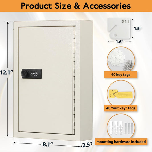 Key Storage Lock Box with Code,Locking Key Cabinet, 40 Key Management Wall Mount with Combination Lock, Key Hooks & Tags Key Labels, 2.5" D X 8.1" W X 12.1" H (White,40 Key)
