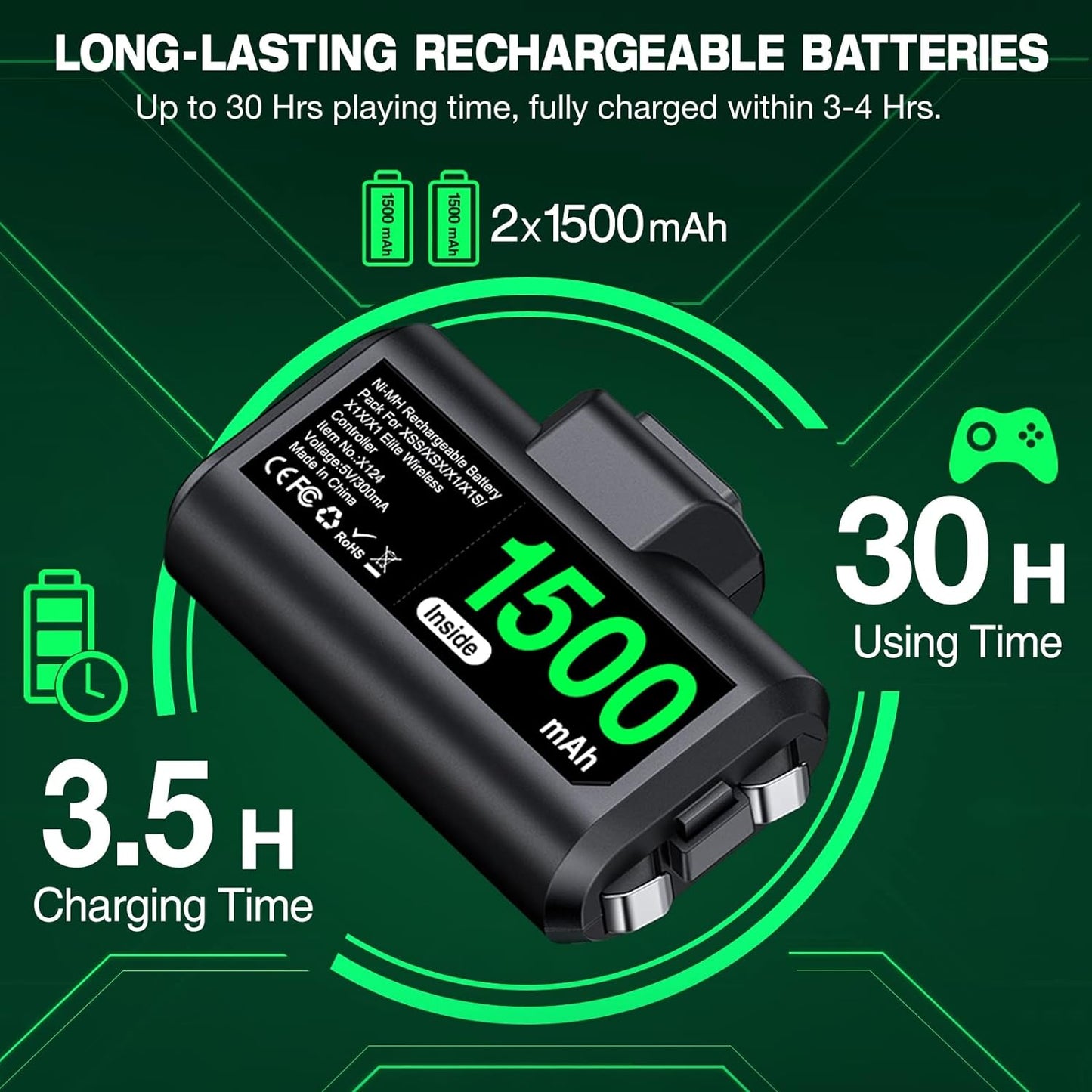 Rechargeable Controller Battery Pack 2X1500Mah Xbox Battery Pack & 4 Battery Covers, Xbox One Controller Battery Pack with 9.84Ft Type-C Cable for Xbox One S/X/Elite