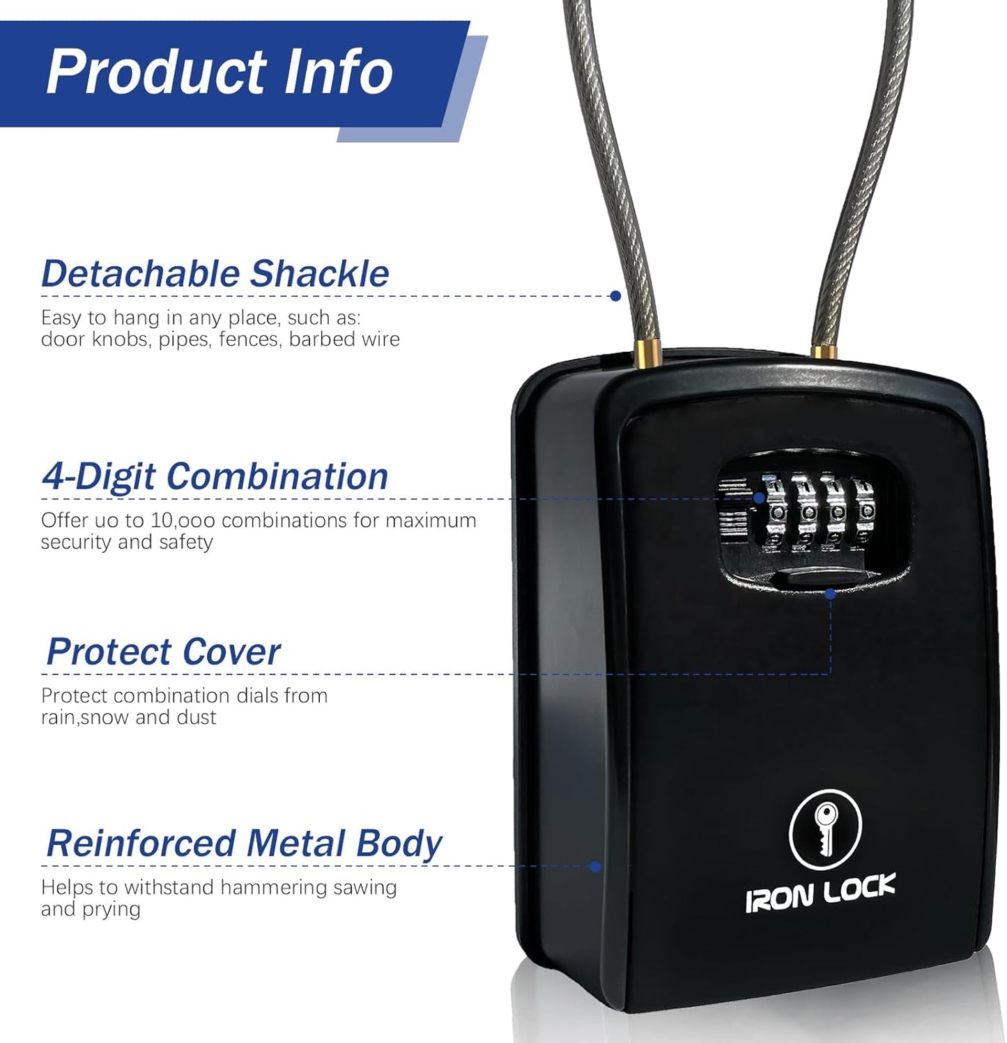 ® XXL Portable Key Lock Box and Wall Mounted with Removable Cable Shackle Waterproof Indoor Outdoor 4 Digit Combo Resettable Code with a B Switch Extra Large Key Lockbox outside (XXL, Black)