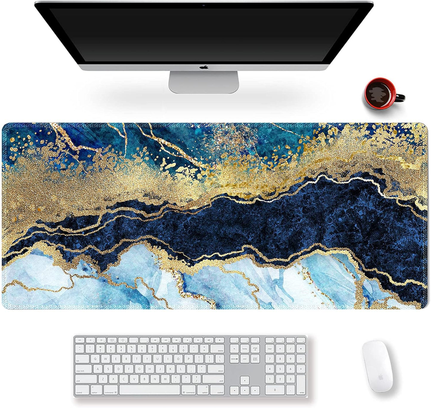 Extended Gaming Mouse Pad XXL Large Keyboard Mat Long Mousepad Desk Decor Writing Pad Non Slip Rubber Base Stitched Edges for Work, Game, Office, Home, 35.1" X 15.7", Blue Marble