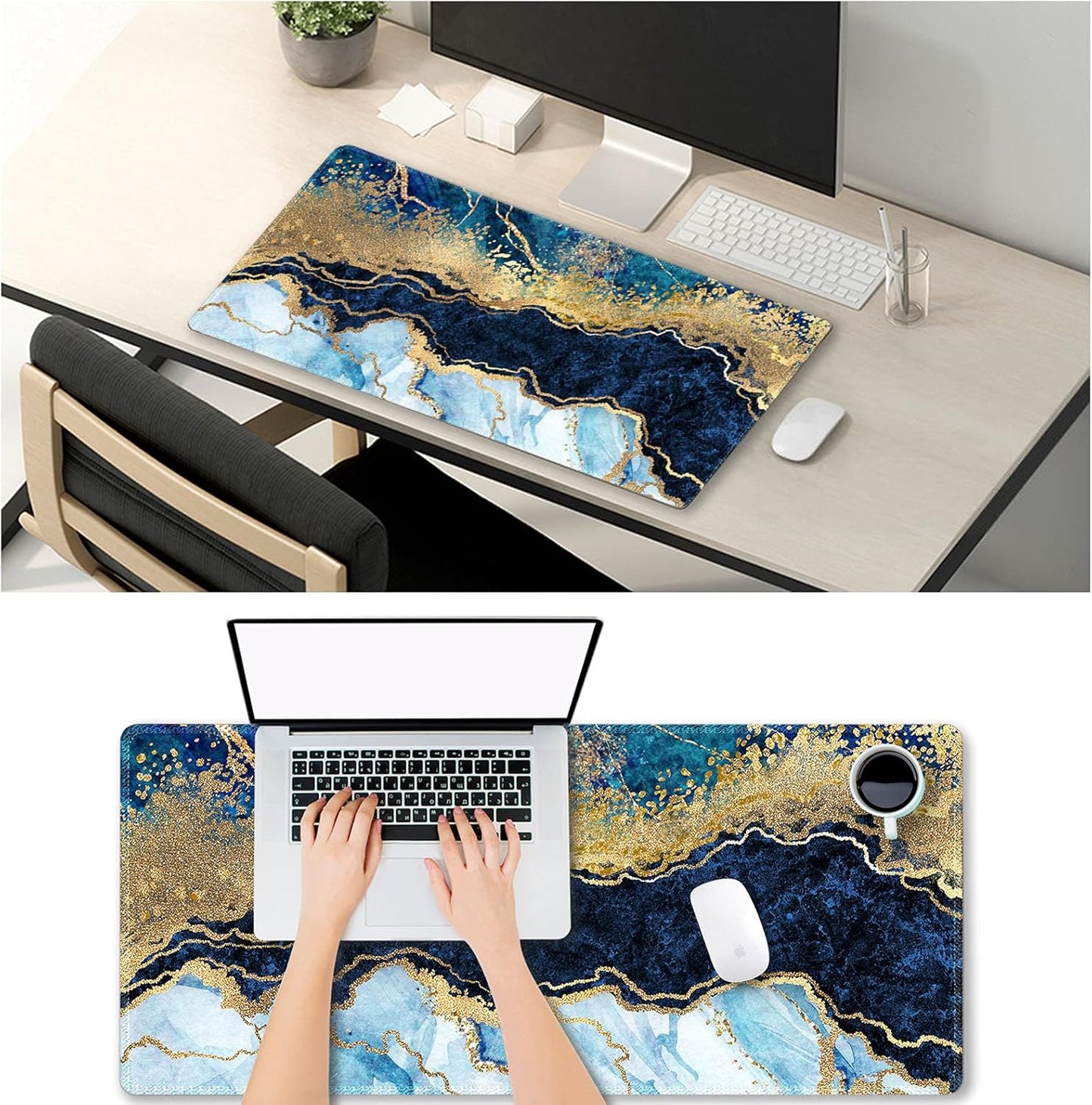 Extended Gaming Mouse Pad XXL Large Keyboard Mat Long Mousepad Desk Decor Writing Pad Non Slip Rubber Base Stitched Edges for Work, Game, Office, Home, 35.1" X 15.7", Blue Marble
