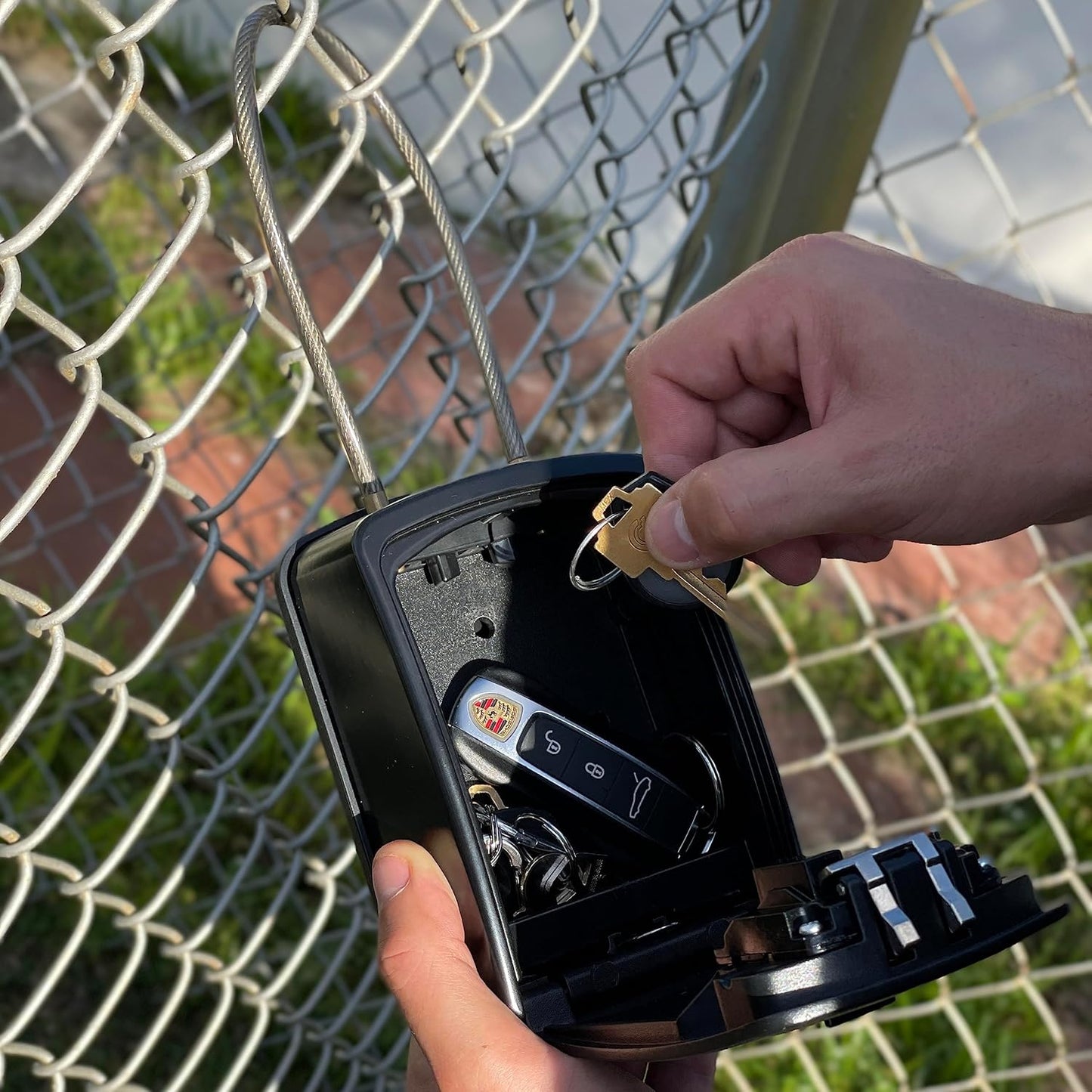 ® XXL Portable Key Lock Box and Wall Mounted with Removable Cable Shackle Waterproof Indoor Outdoor 4 Digit Combo Resettable Code with a B Switch Extra Large Key Lockbox outside (XXL, Black)
