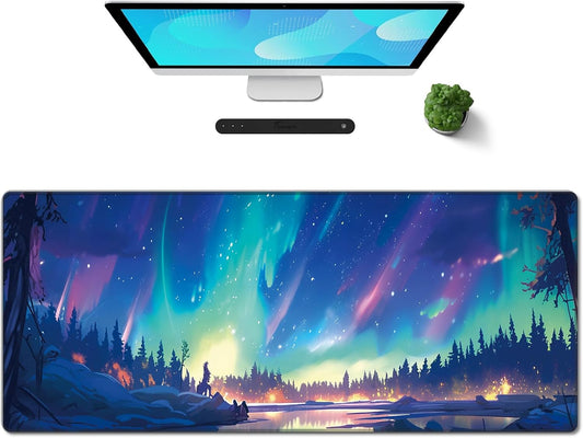 Gaming Mouse Pad XXL XL Large Long Extended Big Mousepad Non-Slip Rubber Keyboard Mouse Pad with Stitched Edges for Laptop Home Office (31.5X11.8X0.08 Inch) … (Aurora)
