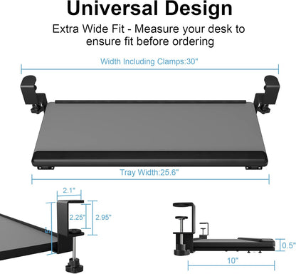 Keyboard Tray under Desk Slide Out,Keyboard Drawer Clamp on Keyboard Tray with Wrist Rest Keyboard Holder for Home Office School 26" (30" Including Clamps) X 10" Dark Gray