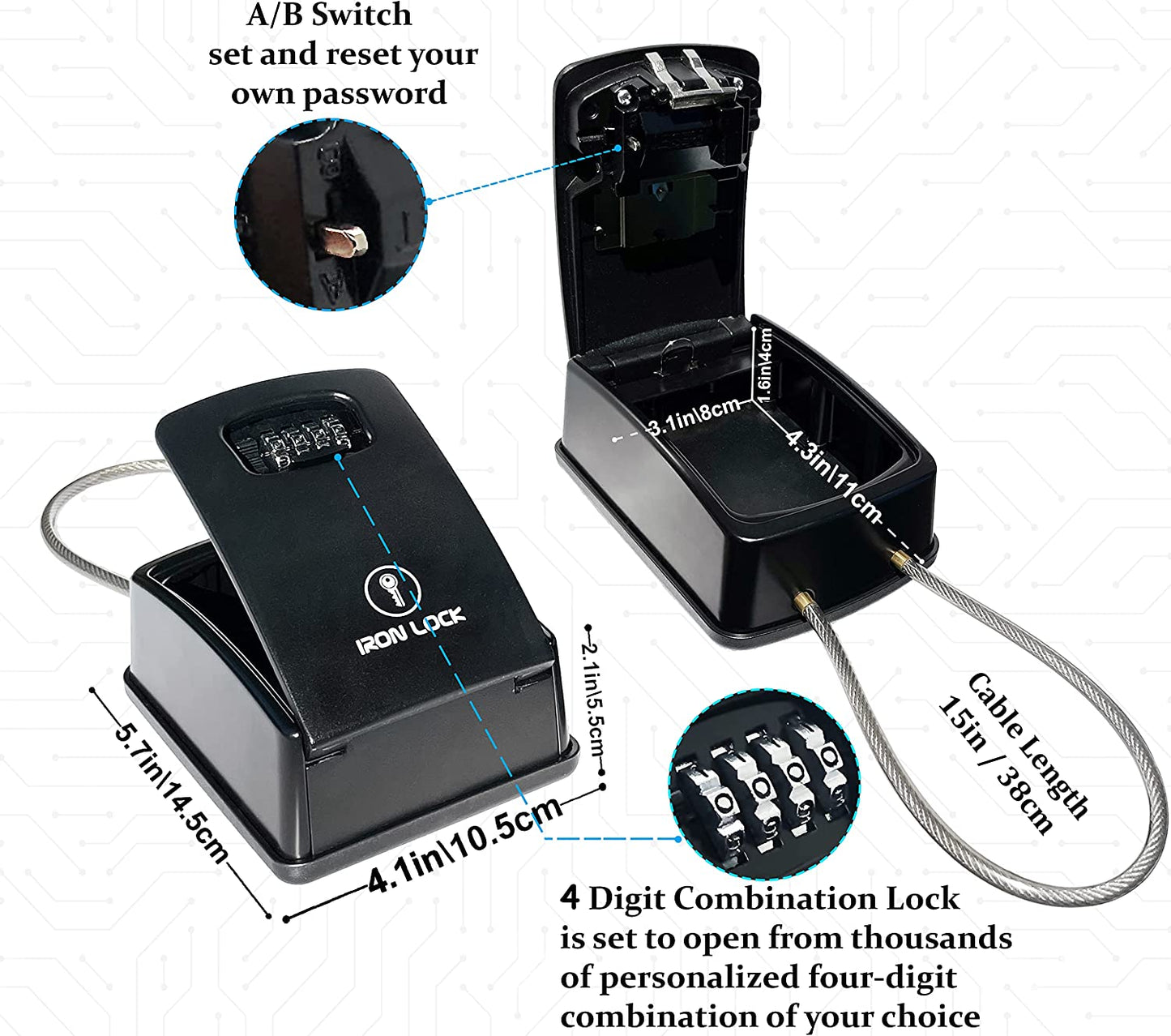 ® XXL Portable Key Lock Box and Wall Mounted with Removable Cable Shackle Waterproof Indoor Outdoor 4 Digit Combo Resettable Code with a B Switch Extra Large Key Lockbox outside (XXL, Black)