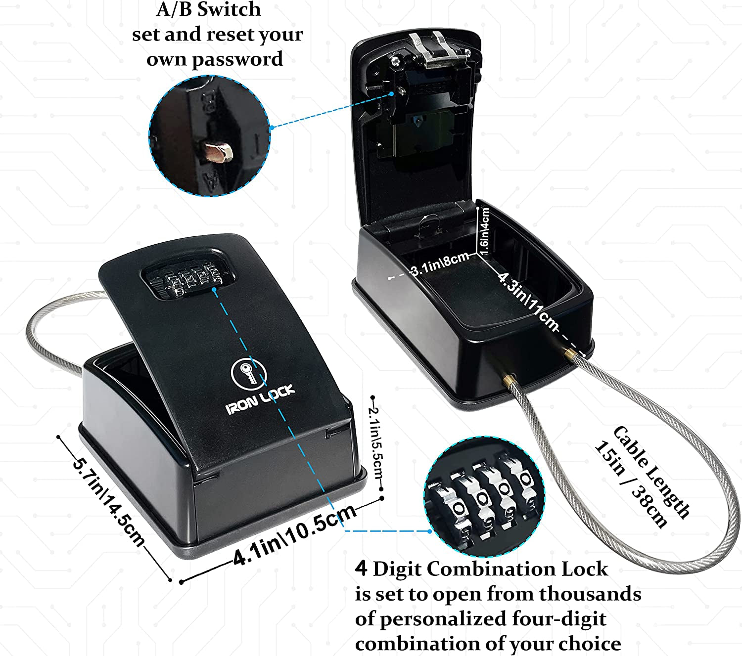 ® XXL Portable Key Lock Box and Wall Mounted with Removable Cable Shackle Waterproof Indoor Outdoor 4 Digit Combo Resettable Code with a B Switch Extra Large Key Lockbox outside (XXL, Black)