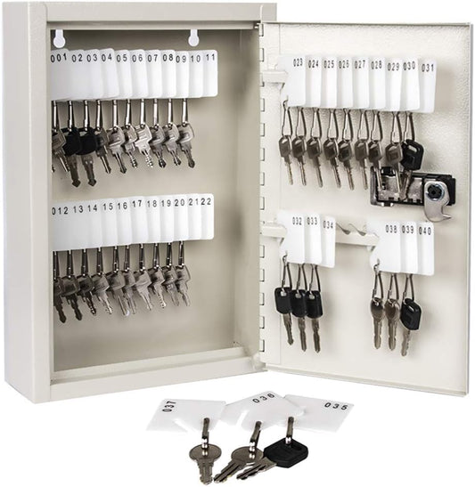 Key Storage Lock Box with Code,Locking Key Cabinet, 40 Key Management Wall Mount with Combination Lock, Key Hooks & Tags Key Labels, 2.5" D X 8.1" W X 12.1" H (White,40 Key)